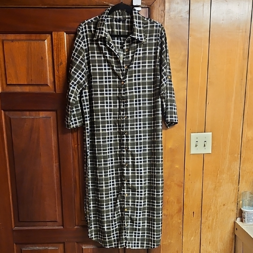 Button-Front Plaid Long Shirt Dress